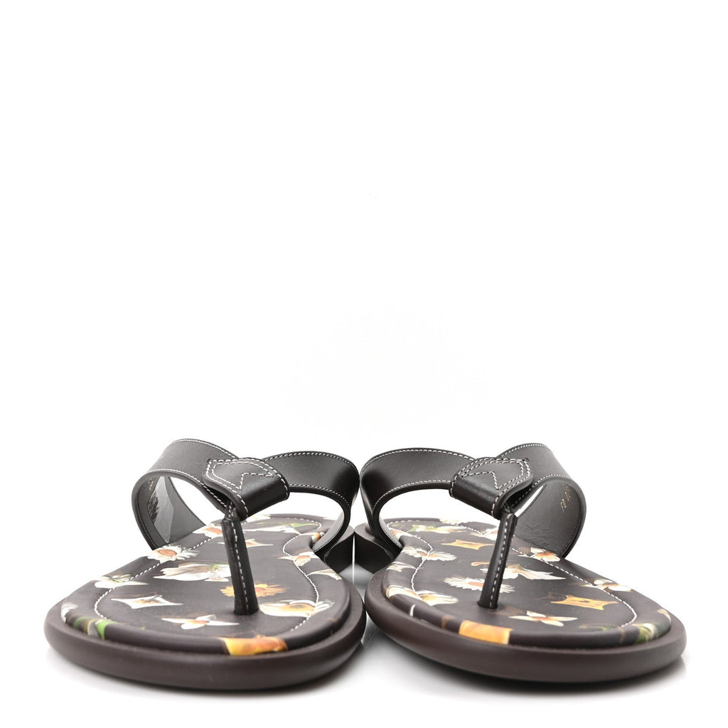 Supple Calfskin Blooming Monogram Mens LV Sunset Thong Sandals 8 Marron