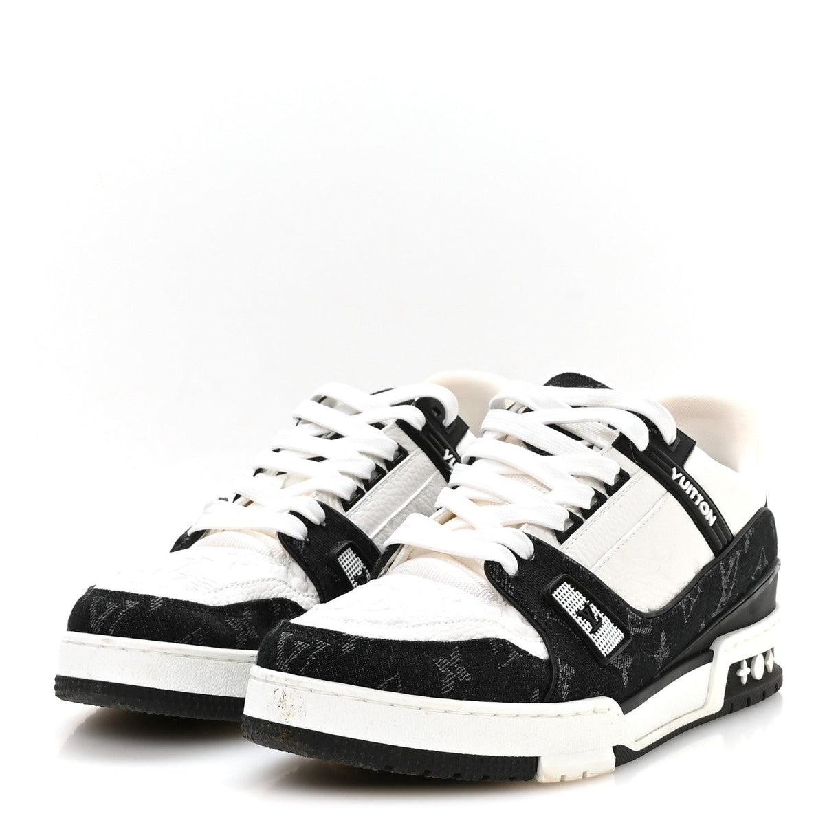 Calfskin Embossed Monogram Denim Mens LV Trainer Sneakers 9.5 Black