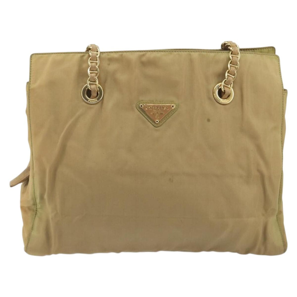 PRADA Chain Tote Bag Nylon Beige Gold Auth 194329