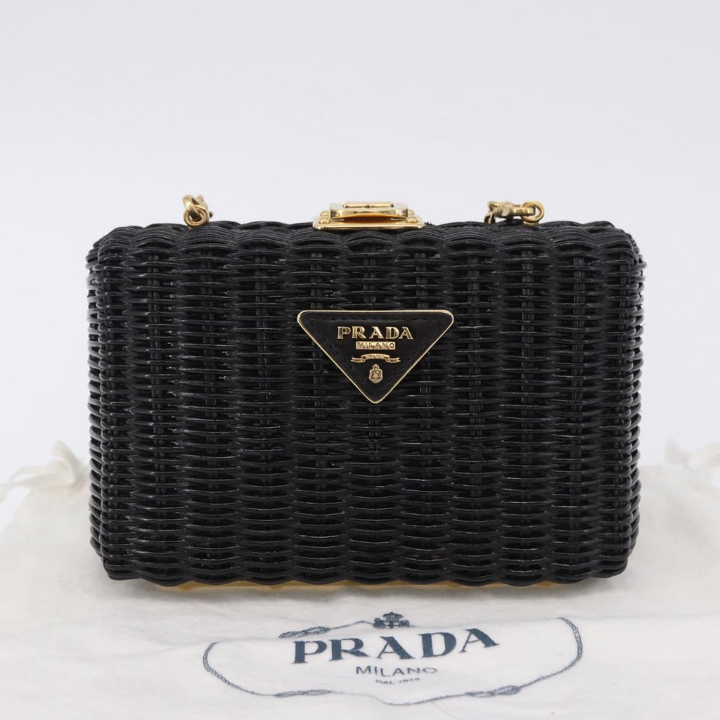 PRADA Chain Shoulder Bag Rattan Black Gold Auth 197136M