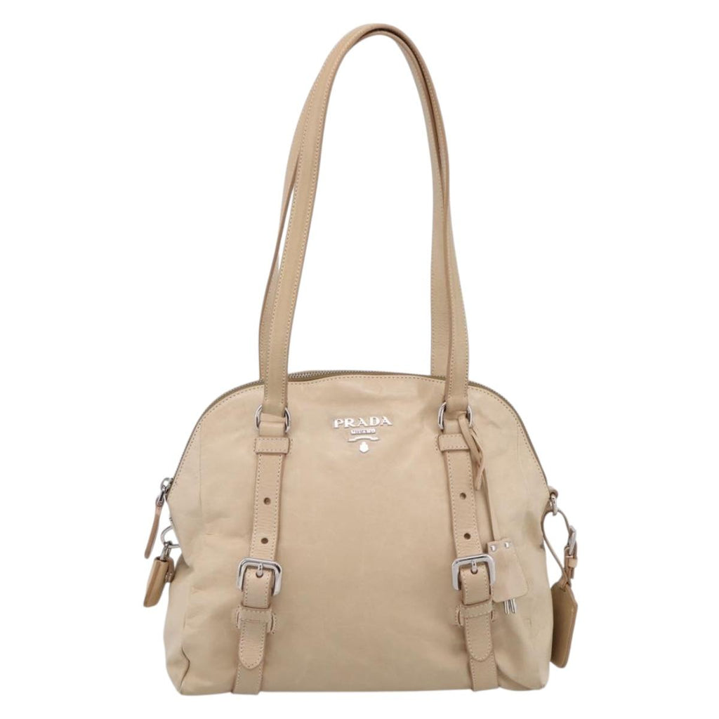 PRADA Shoulder Bag Leather Beige Silver Auth 200826V