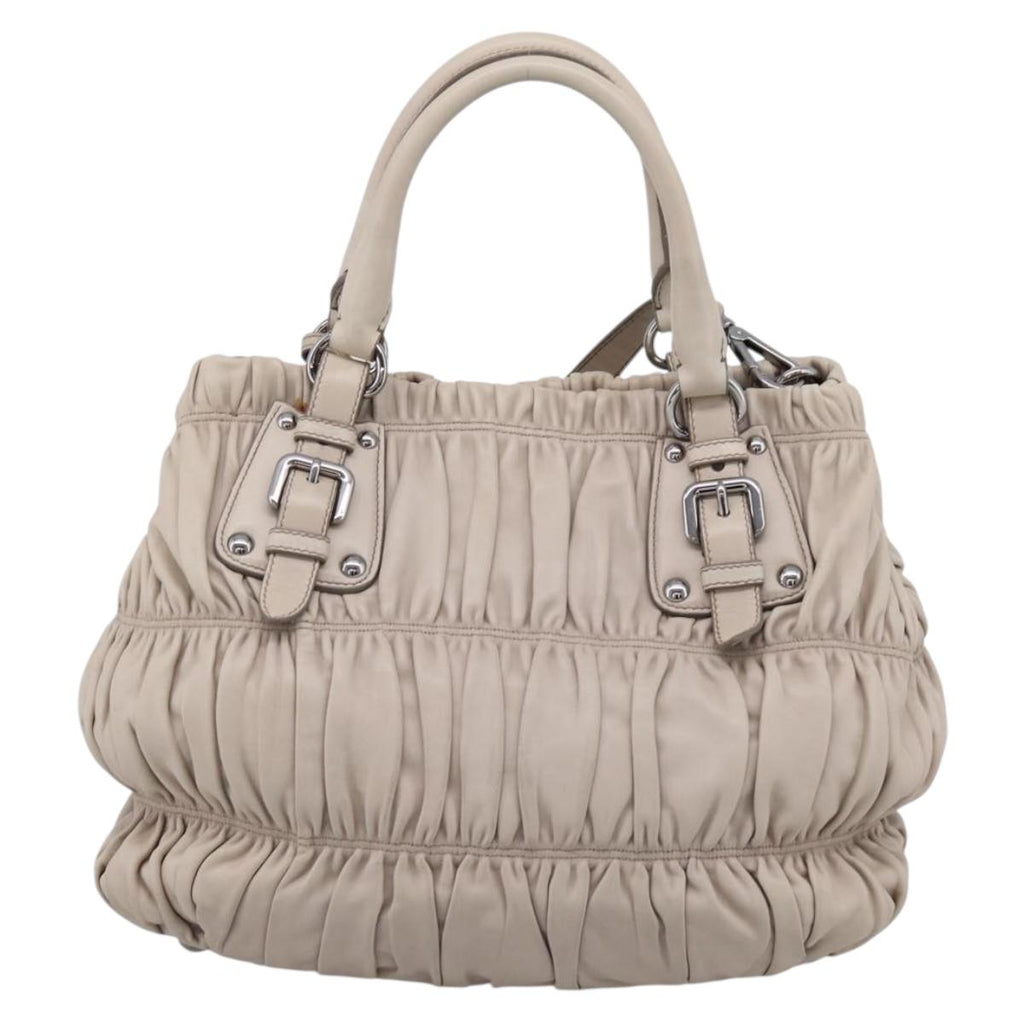 PRADA Gathered Hand Bag Leather 2way Beige Silver Auth 201361V