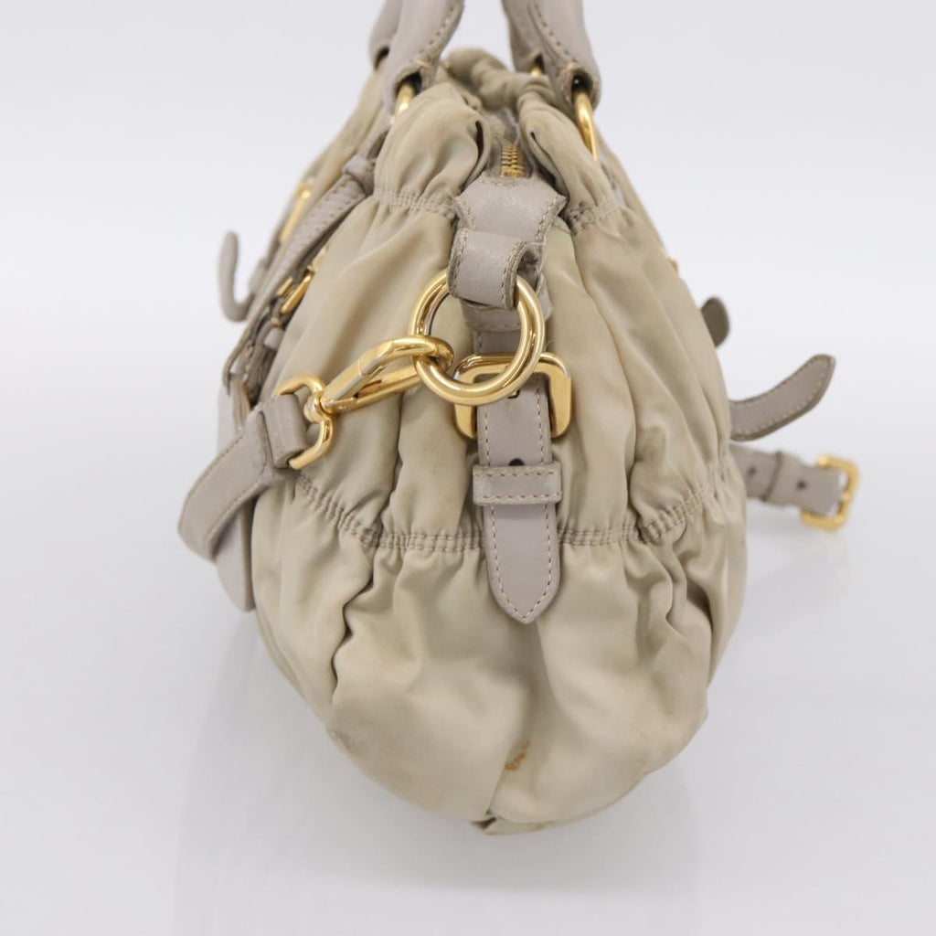PRADA Gathered Hand Bag Nylon 2way Beige Gold Auth 201930