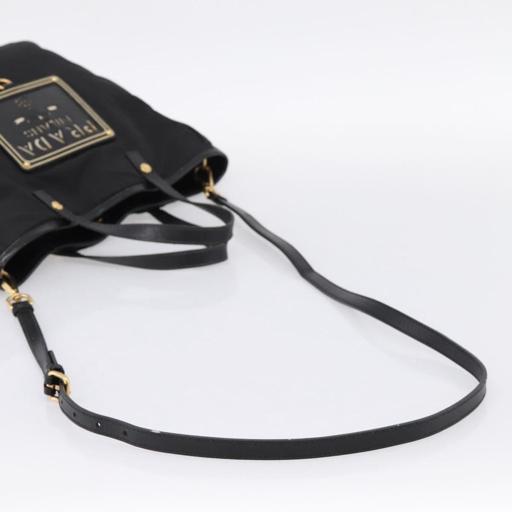 PRADA Hand Bag Nylon 2way Black Gold Tone Auth 202114