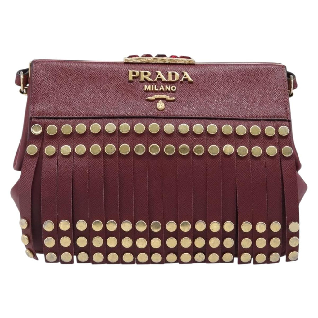 PRADA Shoulder Bag Safiano Leather Bordeaux Gold Auth 202965V