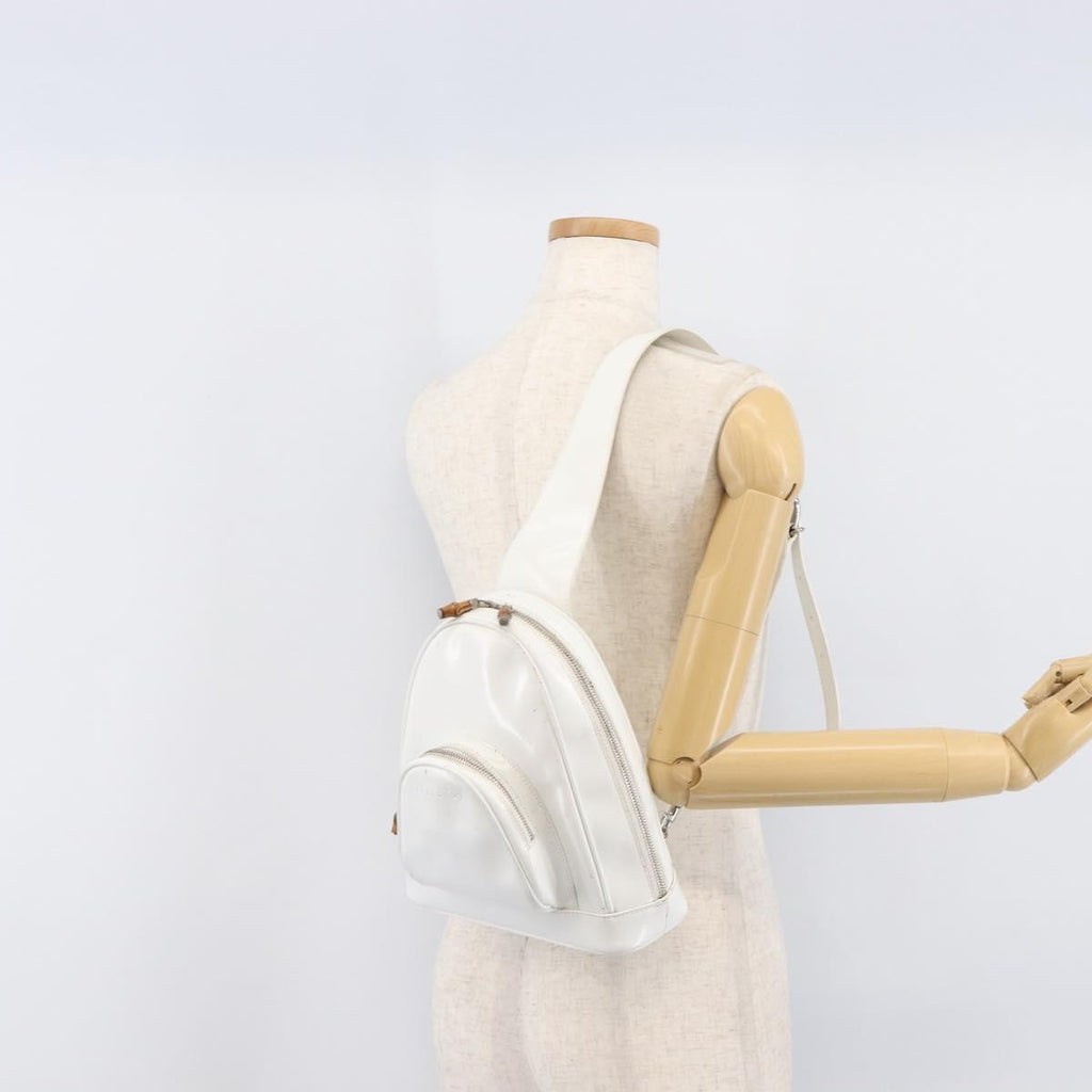 GUCCI Bamboo Shoulder Bag Patent Leather White Silver Auth 203638
