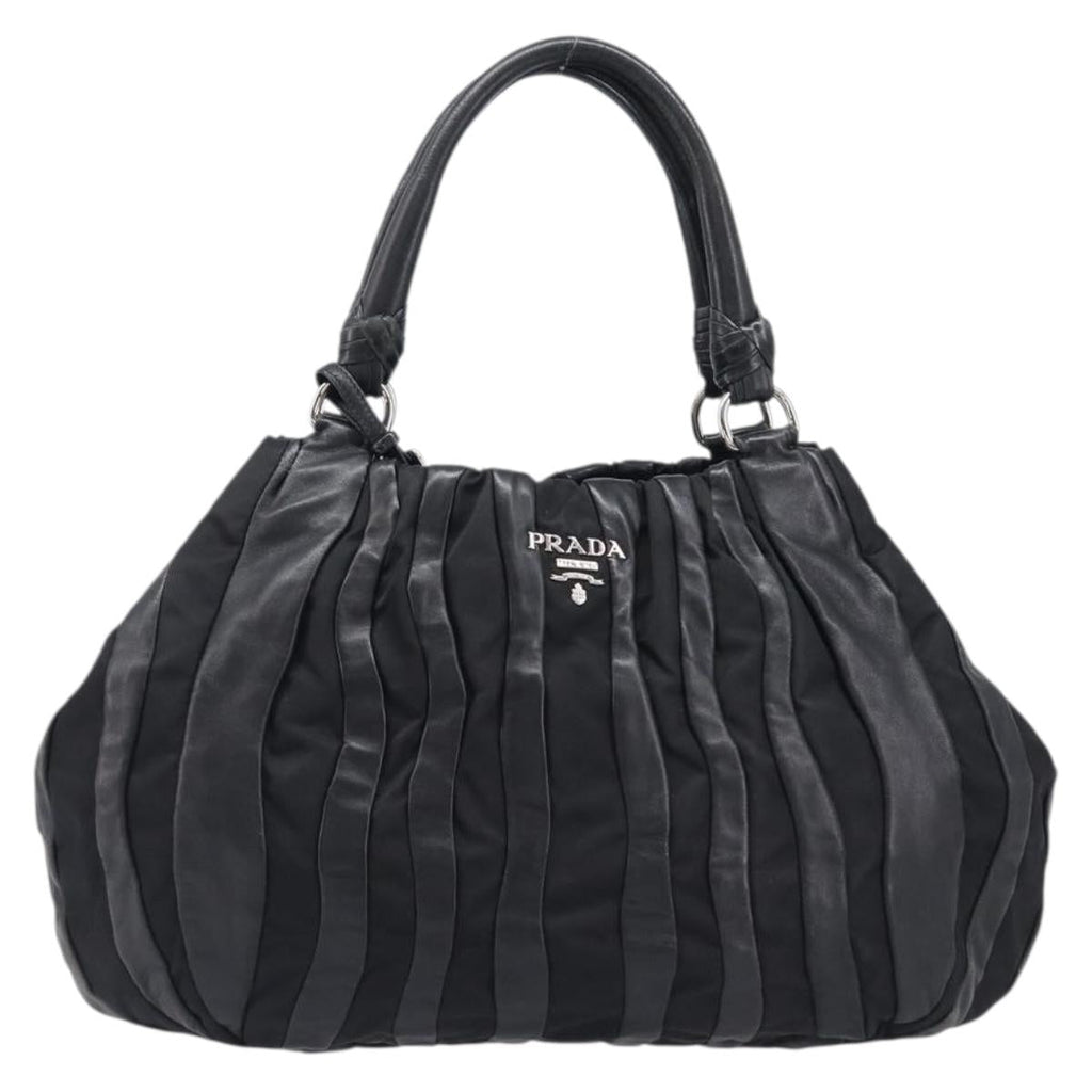 PRADA Crimson Hand Bag Leather Black Silver Auth 204098V