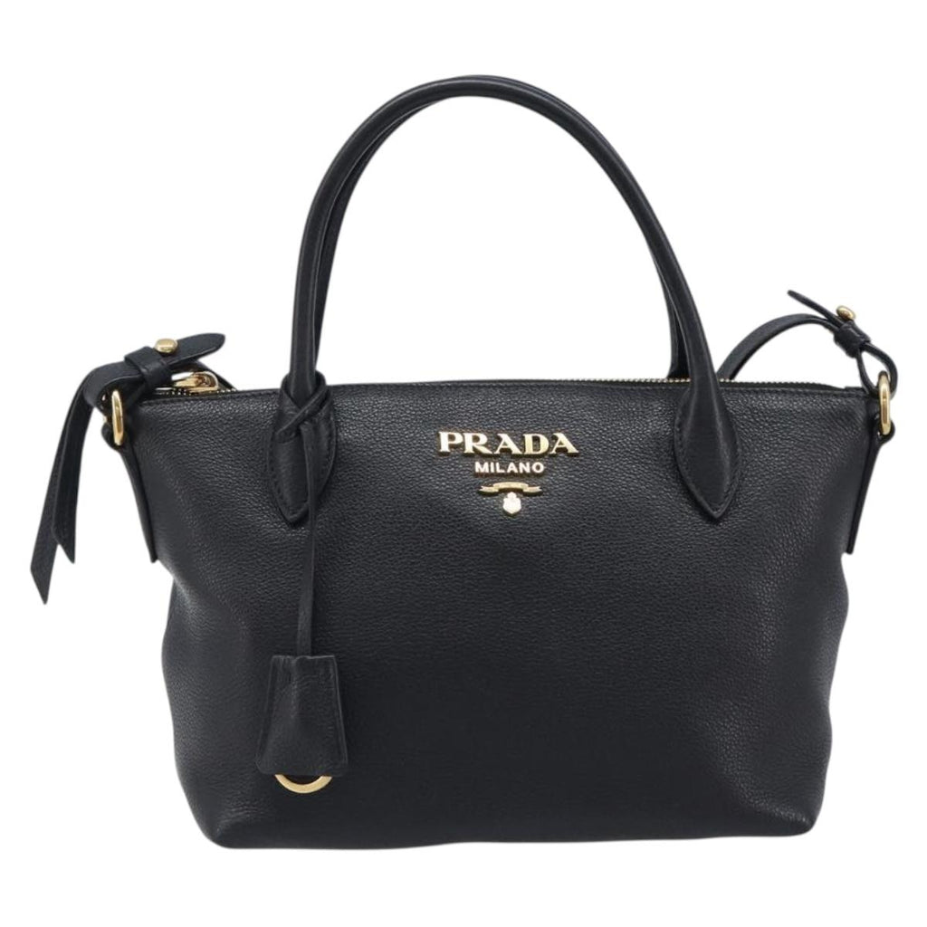 PRADA Hand Bag Leather 2way Black Gold Tone Auth 204580M
