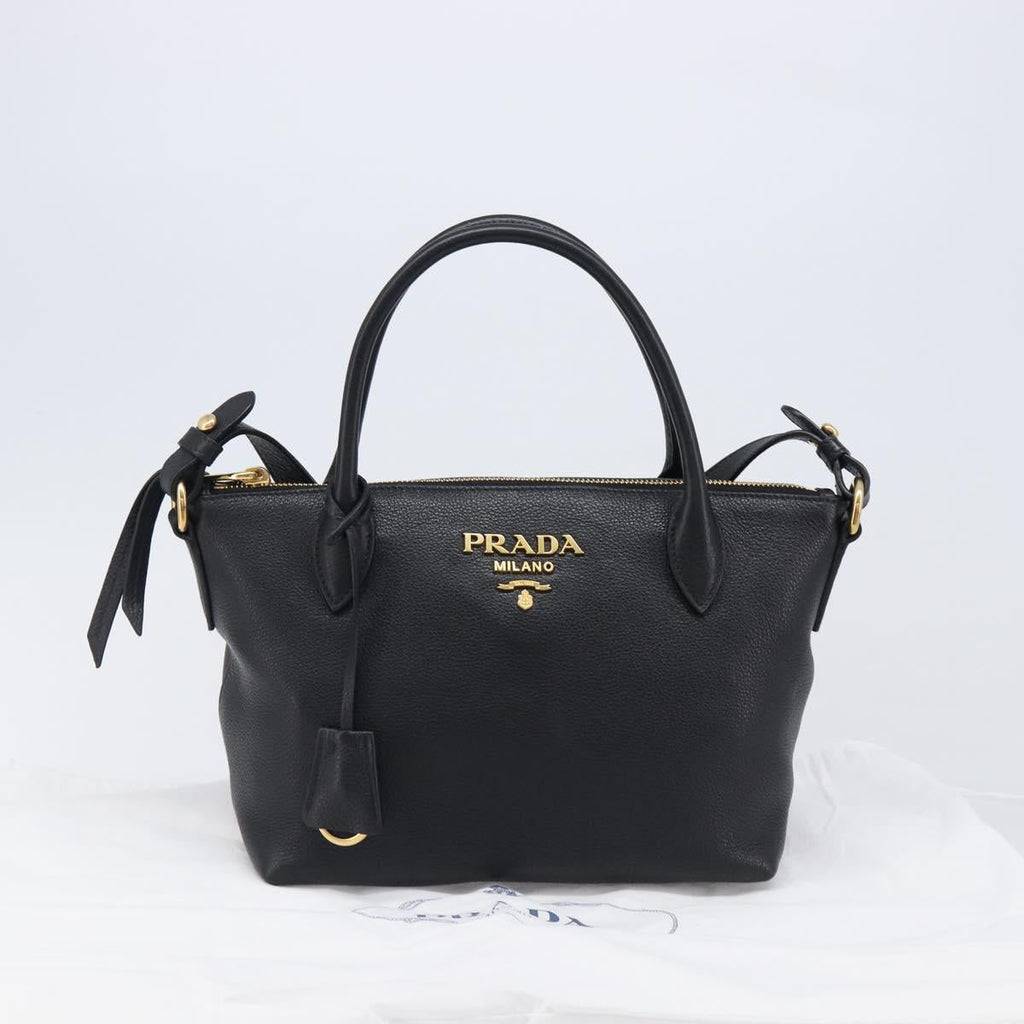 PRADA Hand Bag Leather 2way Black Gold Tone Auth 204580M