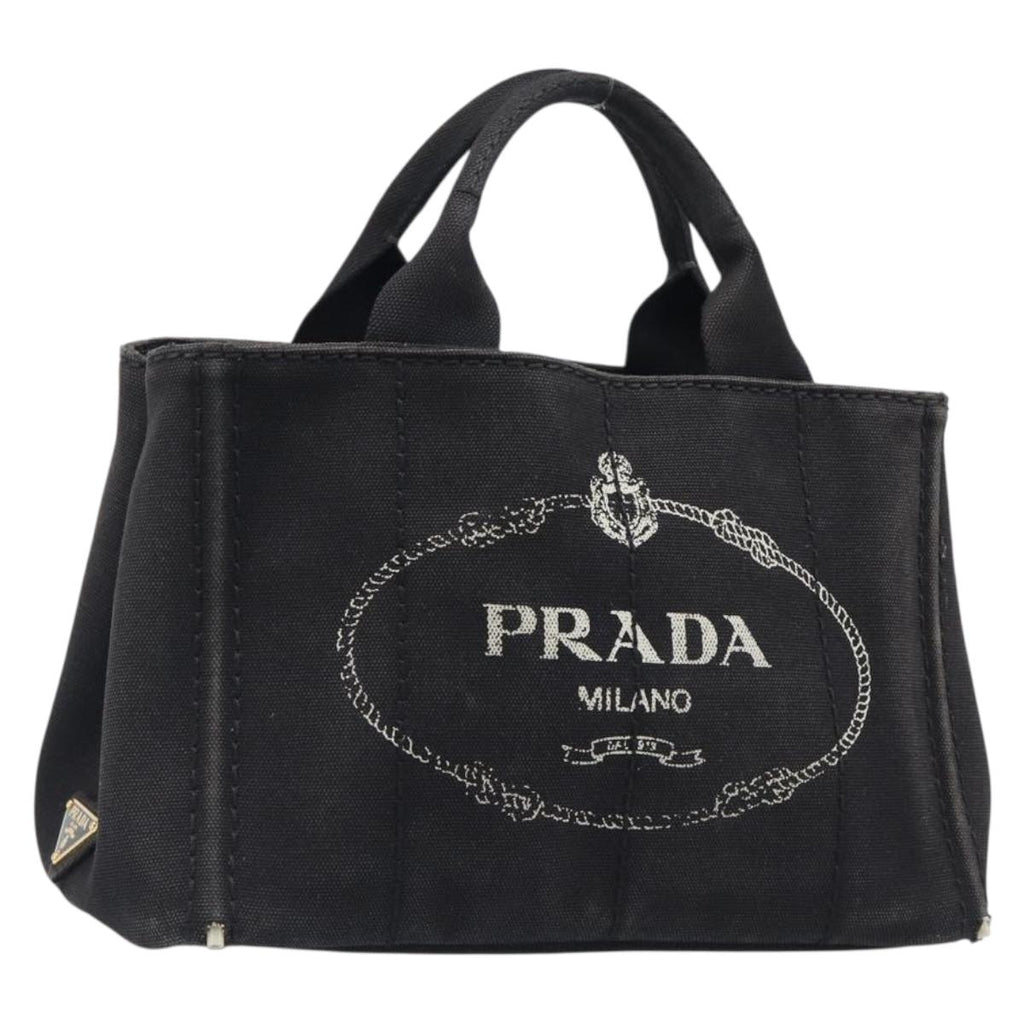 PRADA Canapa PM Hand Bag Canvas Black Gold Tone Auth 204699