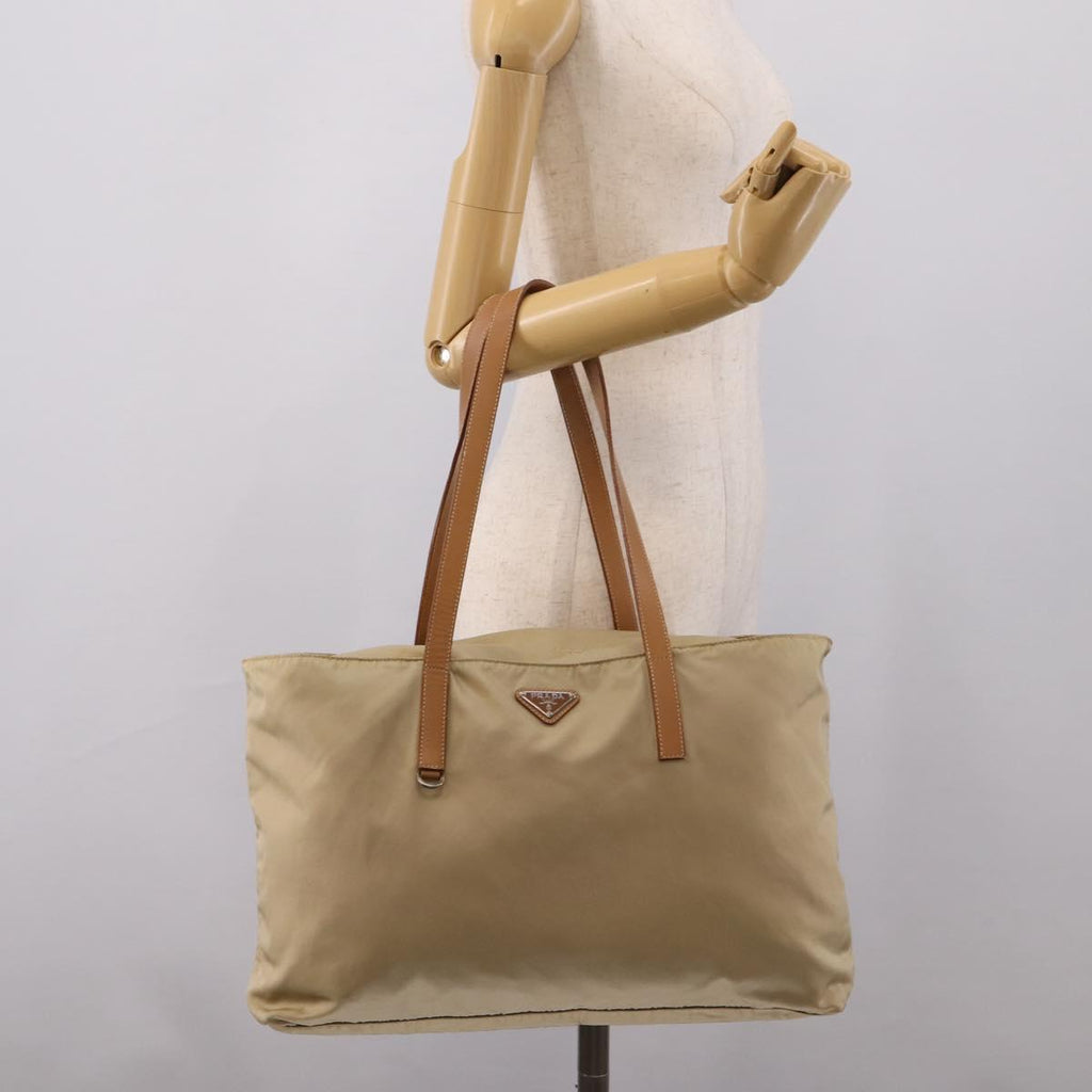 PRADA Tote Bag Nylon Beige Silver Auth 206281A
