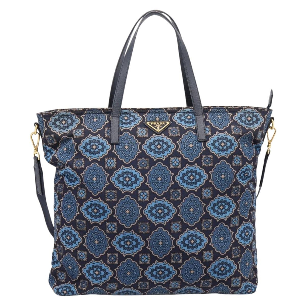 PRADA Tote Bag Nylon 2way Navy Gold Auth 206331A
