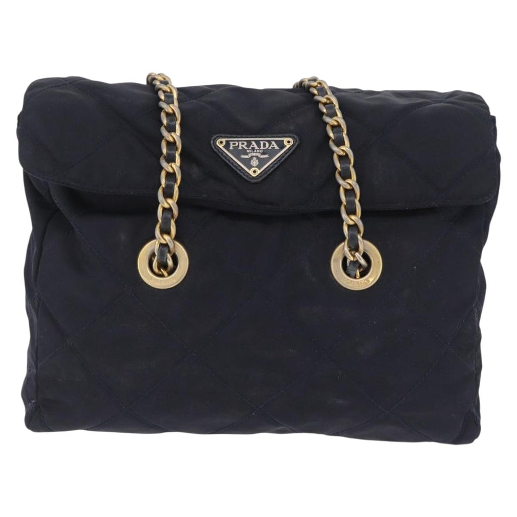 PRADA Chain Shoulder Bag Nylon Navy Gold Auth 206423
