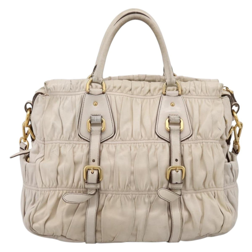 PRADA Gathered Hand Bag Leather 2way Beige Gold Auth 207092A