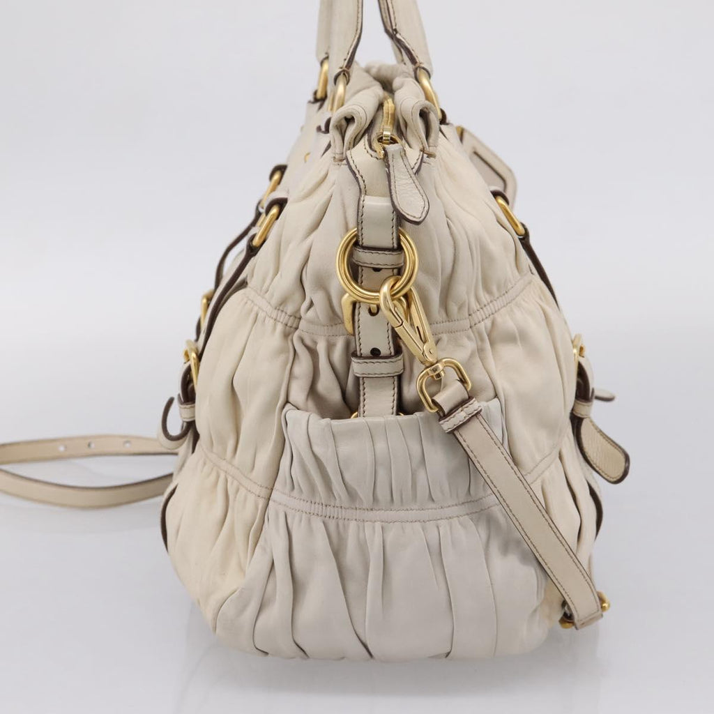 PRADA Gathered Hand Bag Leather 2way Beige Gold Auth 207092A