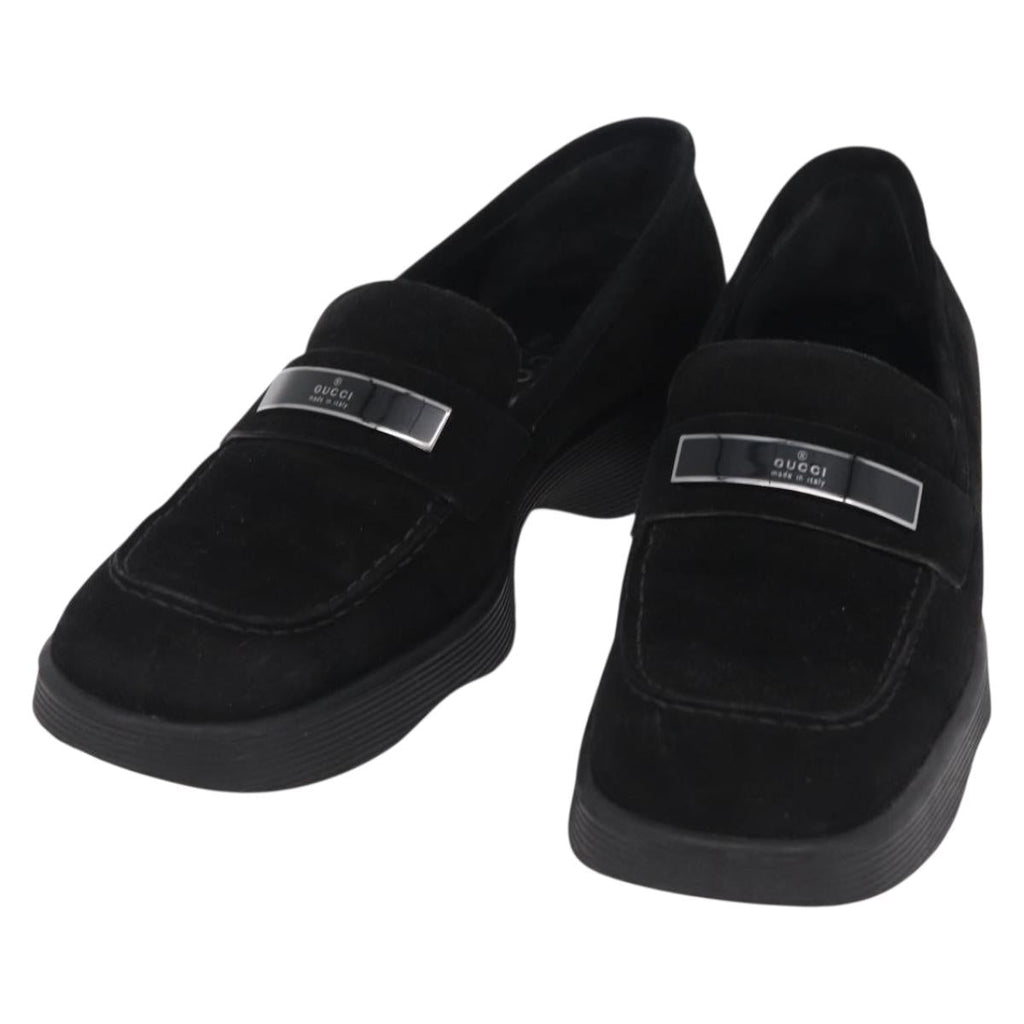 GUCCI Loafers Suede 25.5 cm Black Silver Auth 207479V