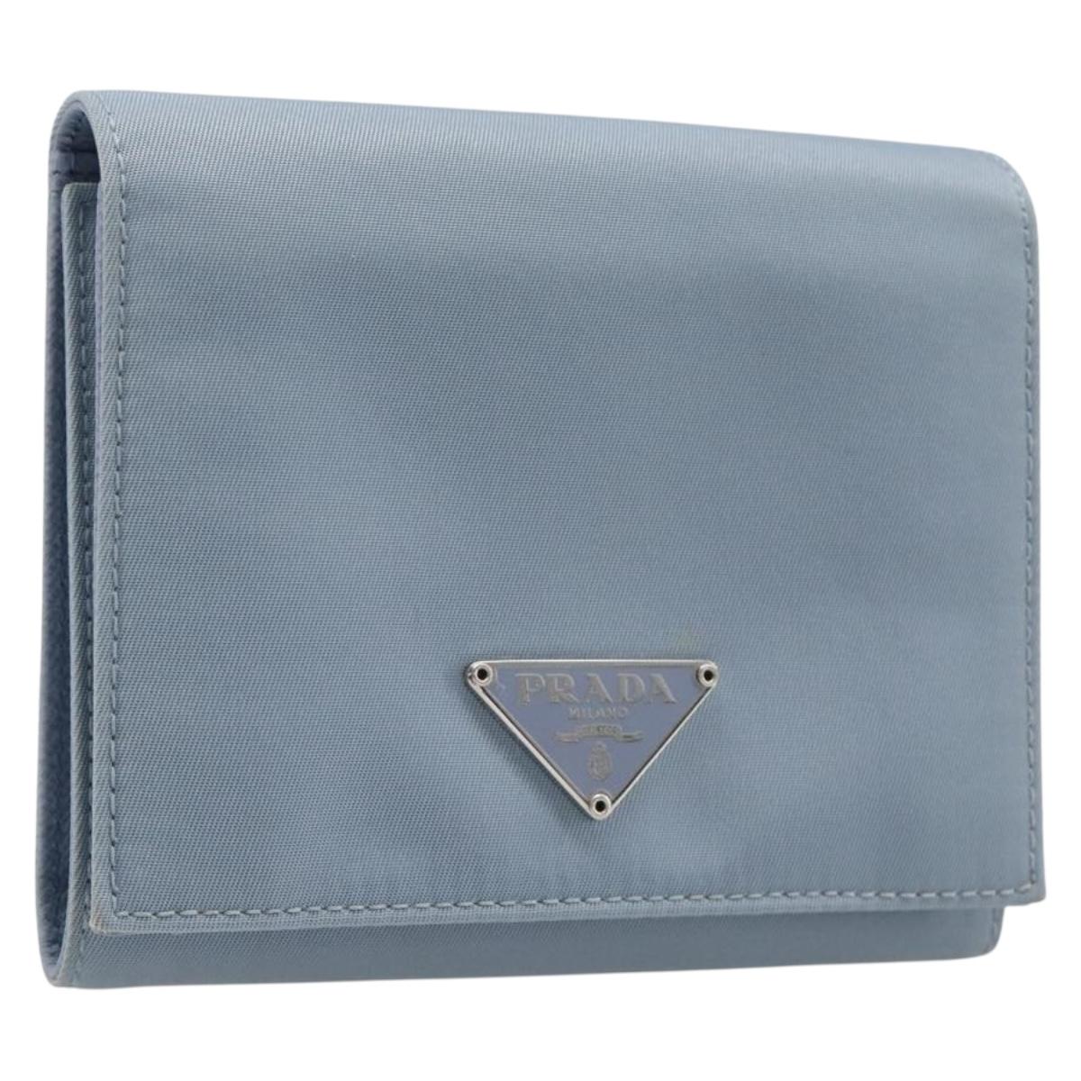 PRADA Compact Wallet Nylon Light Blue Silver Auth 207486A