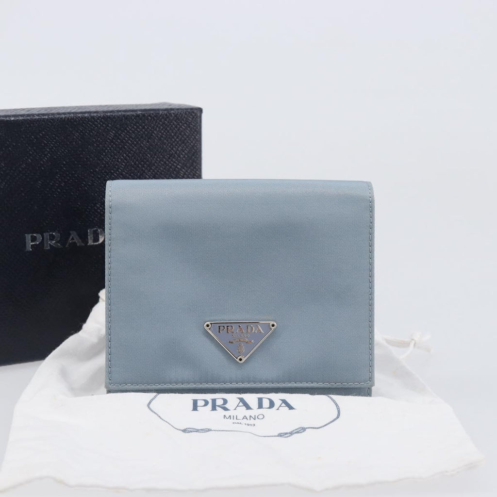 PRADA Compact Wallet Nylon Light Blue Silver Auth 207486A