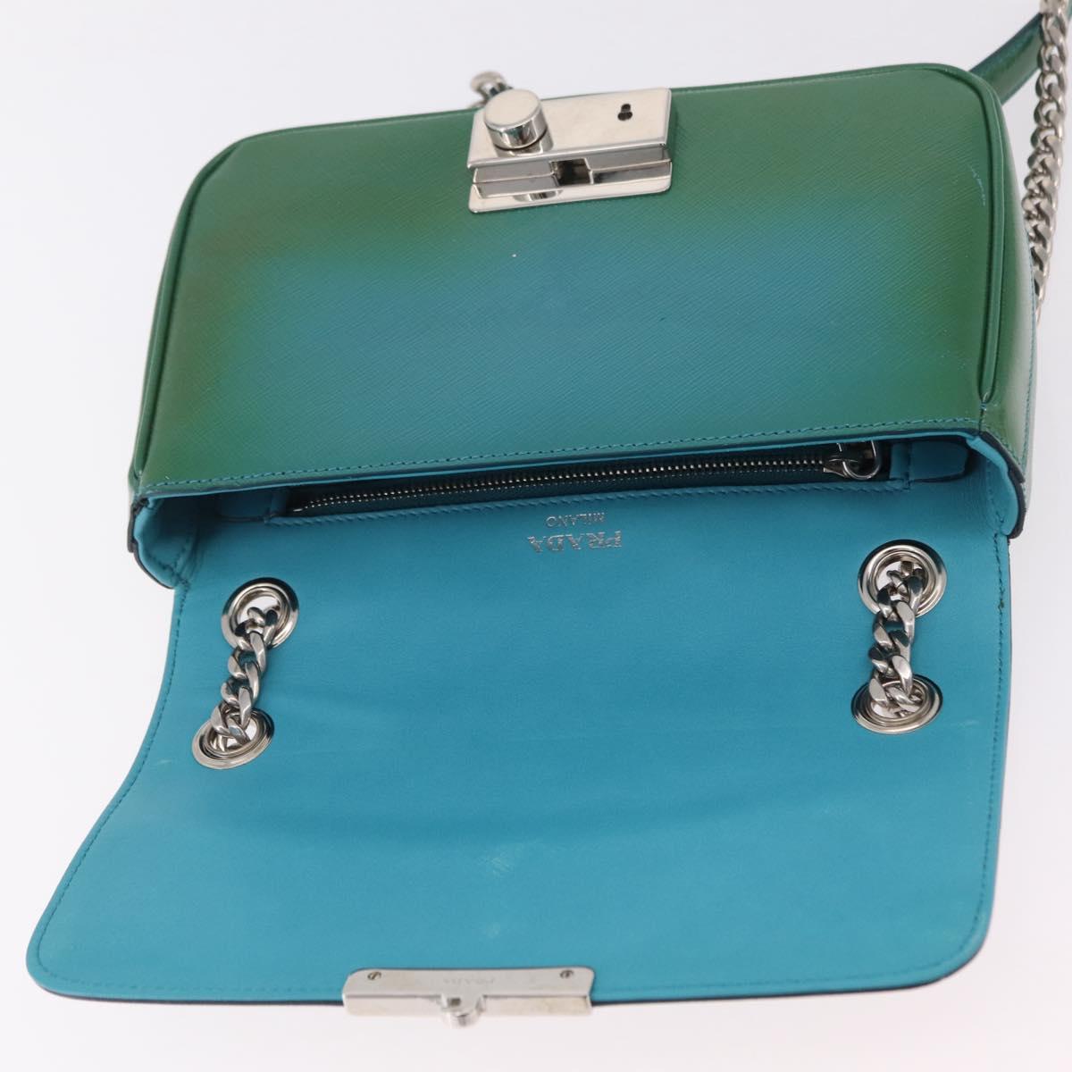 PRADA Chain Shoulder Bag Safiano Leather Green Silver Auth 207634V