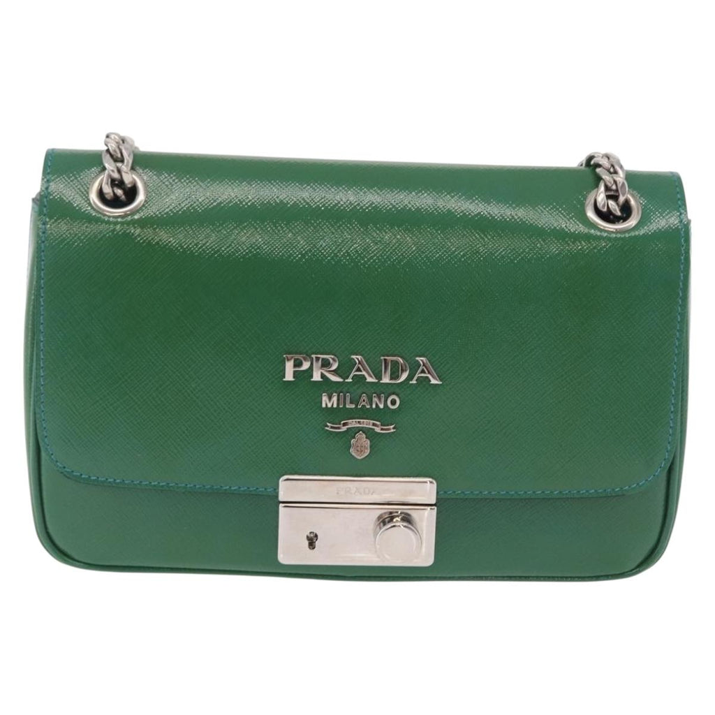 PRADA Chain Shoulder Bag Safiano Leather Green Silver Auth 207634V