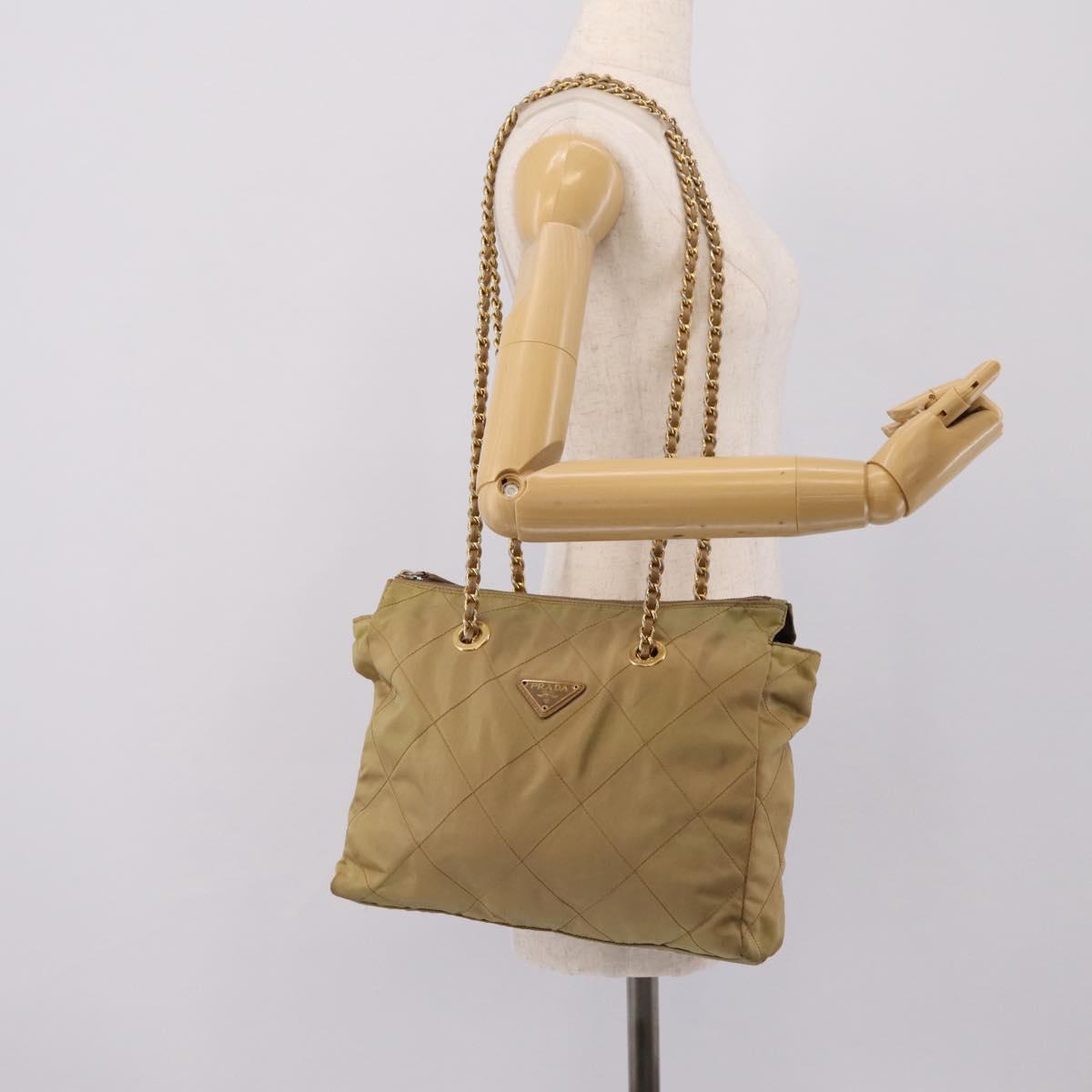 PRADA Chain Shoulder Bag Nylon Beige Gold Auth 207819A