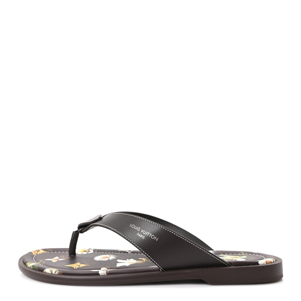 Supple Calfskin Blooming Monogram Mens LV Sunset Thong Sandals 8 Marron