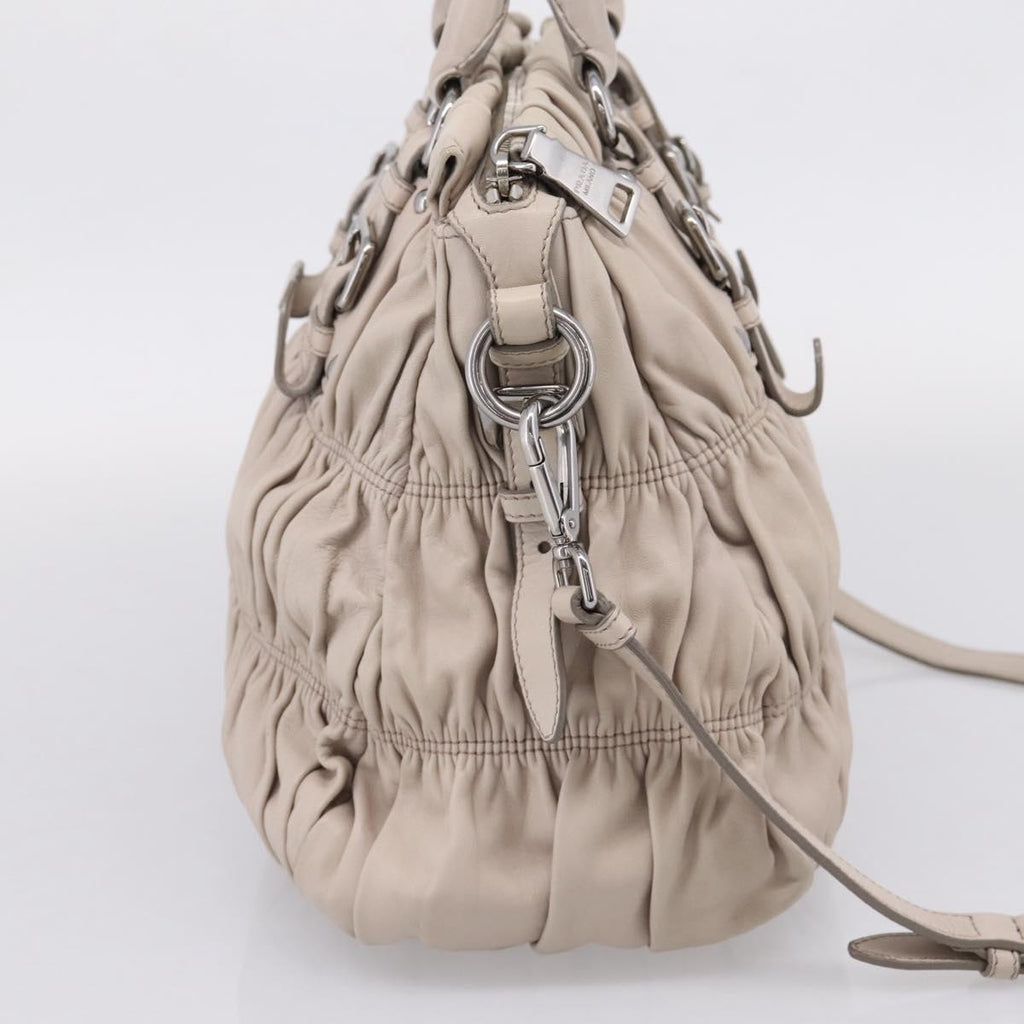 PRADA Gathered Hand Bag Leather 2way Gray Silver Auth 208024V