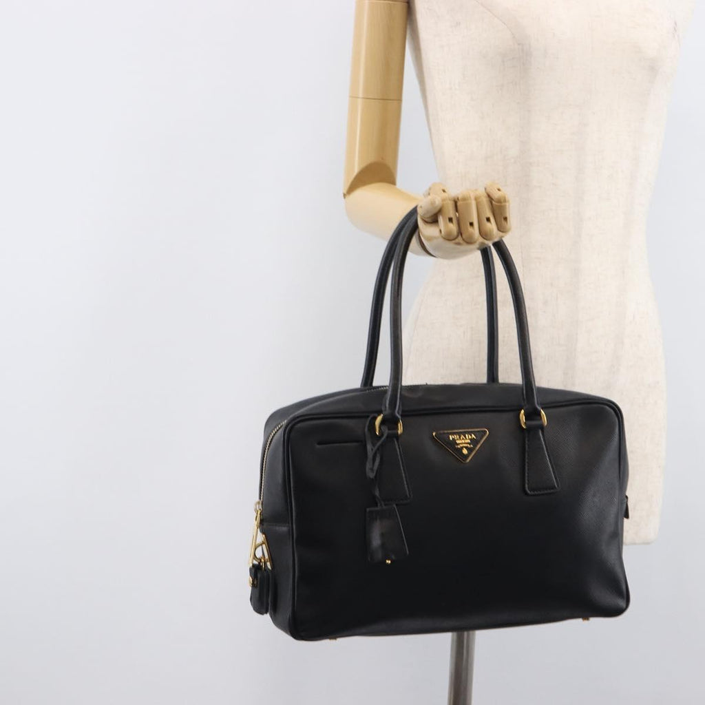 PRADA Hand Bag Saffiano leather Black Gold Auth 208042A