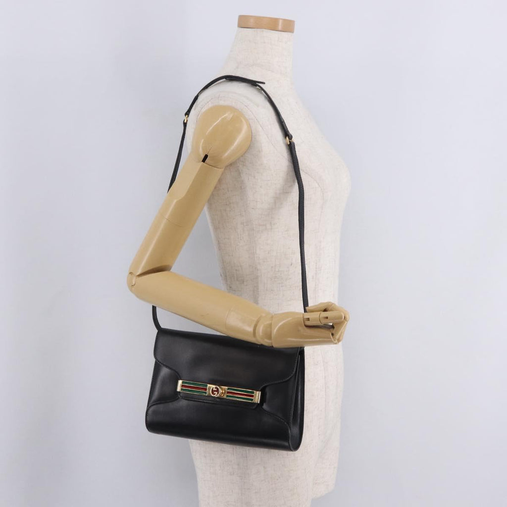 GUCCI Web Sherry Line Shoulder Bag Leather Gold Black Auth 208297