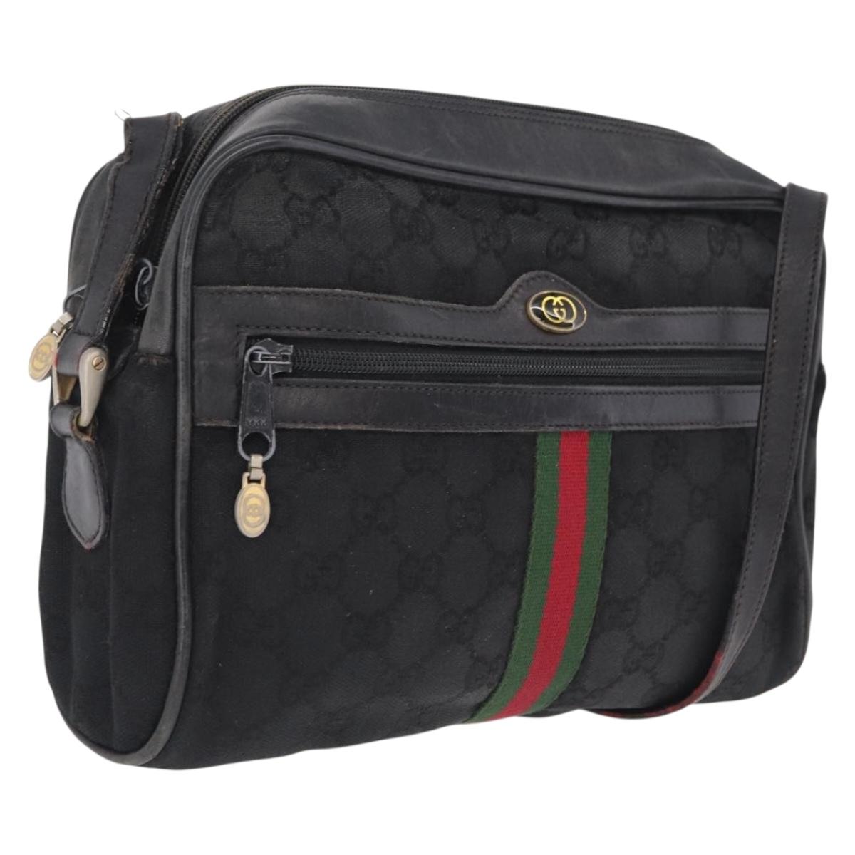 GUCCI GG Canvas Web Sherry Line Shoulder Bag Black Gold Auth 208373