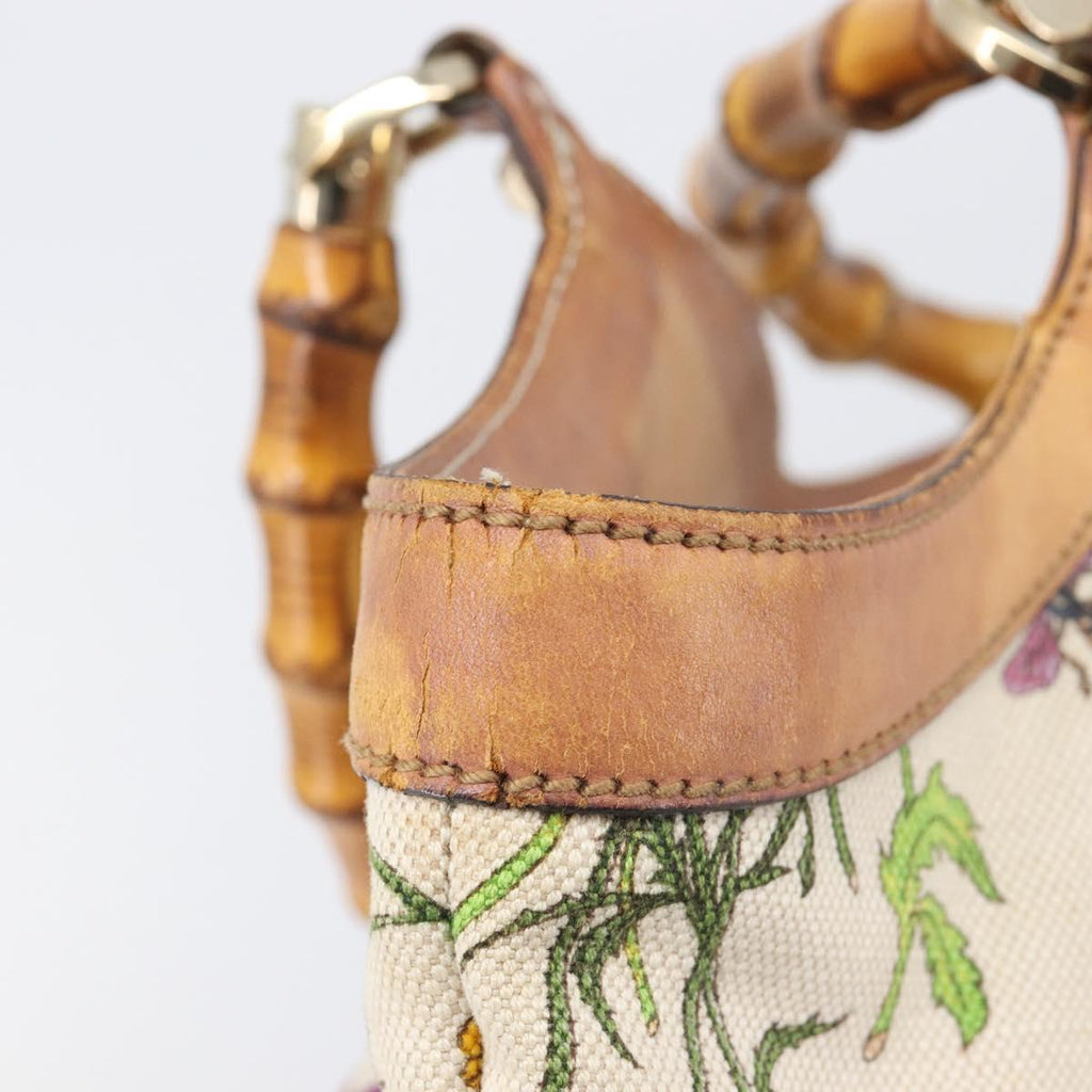 GUCCI Bamboo Flora Hand Bag Canvas Beige Gold Tone 137394 Auth 209161