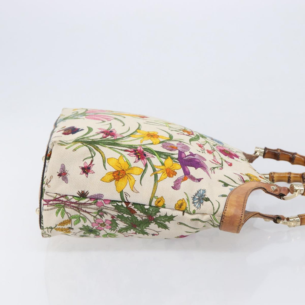 GUCCI Bamboo Flora Hand Bag Canvas Beige Gold Tone 137394 Auth 209161