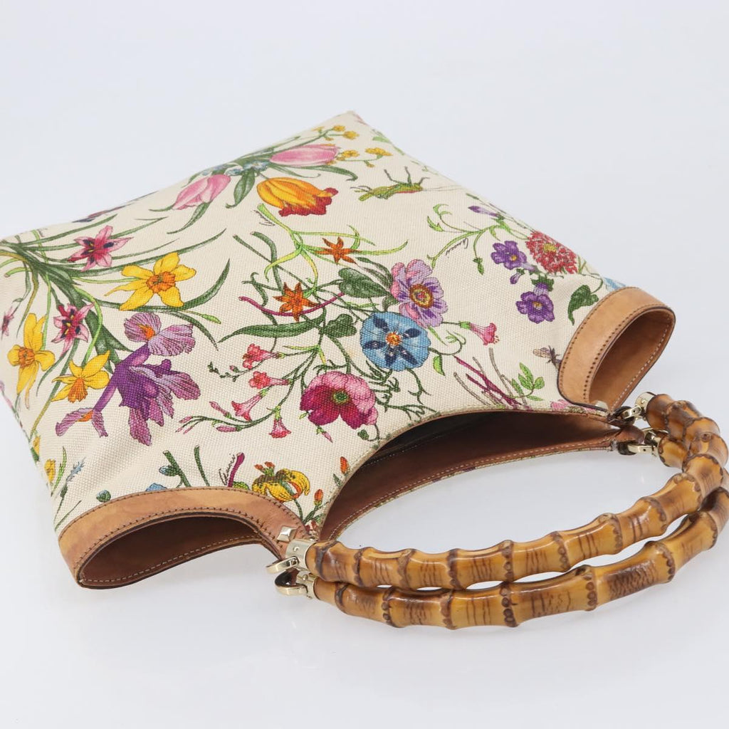 GUCCI Bamboo Flora Hand Bag Canvas Beige Gold Tone 137394 Auth 209161