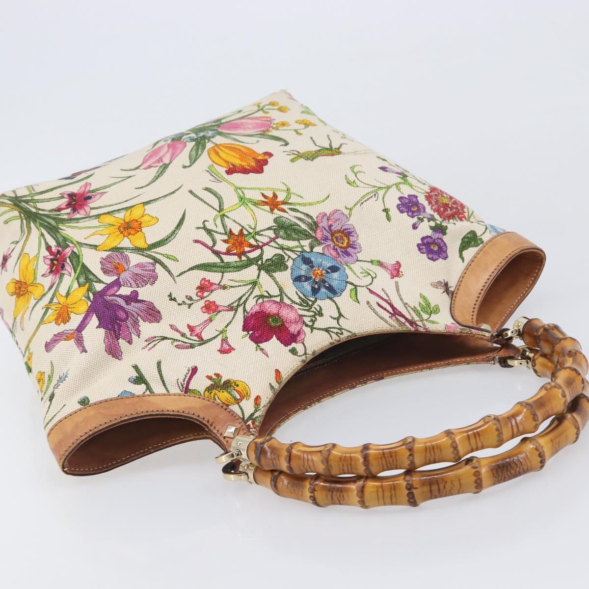 GUCCI Bamboo Flora Hand Bag Canvas Beige Gold Tone 137394 Auth 209161