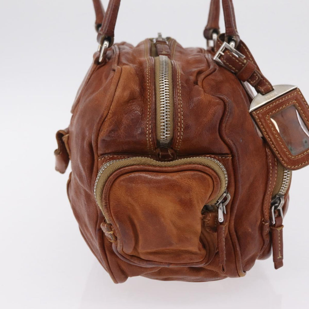 PRADA Tote Bag Leather Brown Silver Auth 209547V