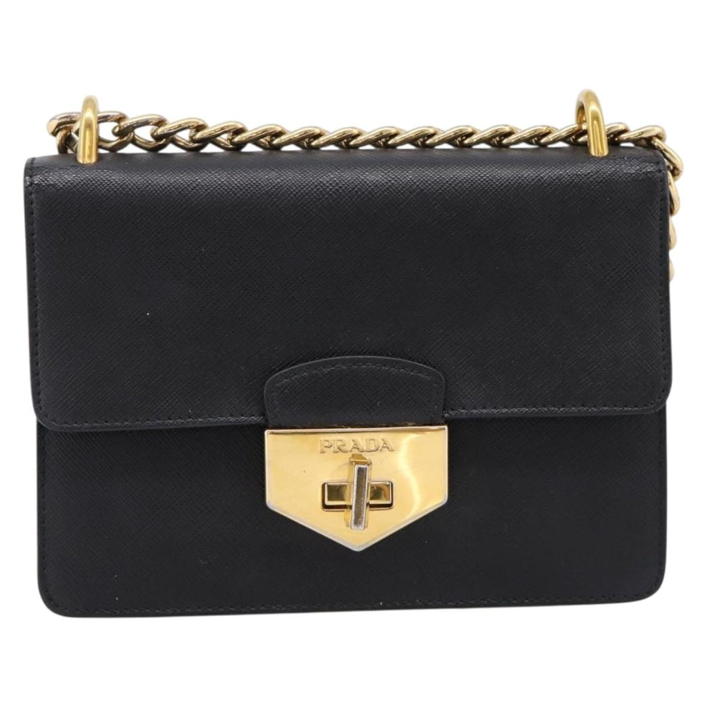PRADA Chain Shoulder Bag Safiano Leather Black Gold Auth 209945V