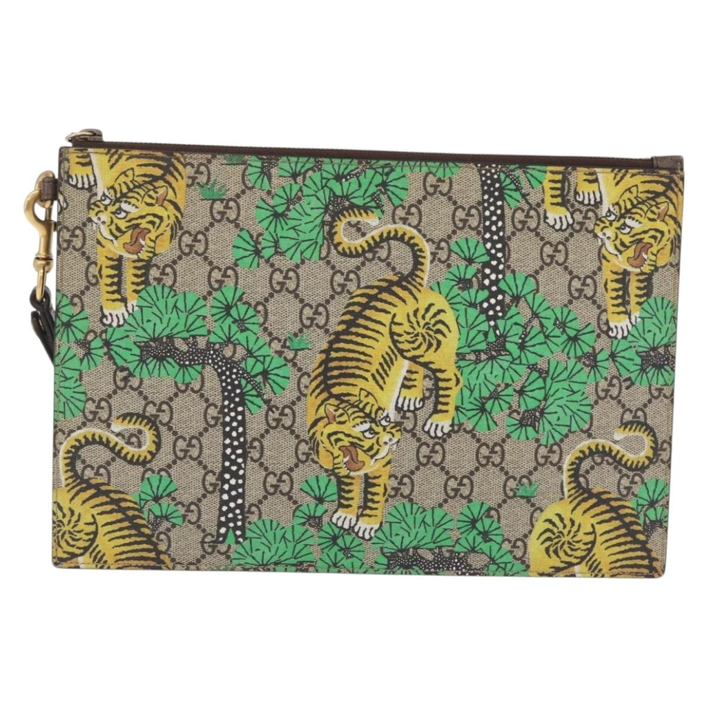 GUCCI GG Supreme Tiger Clutch Bag PVC Leather Beige Gold 451473 Auth 210006V