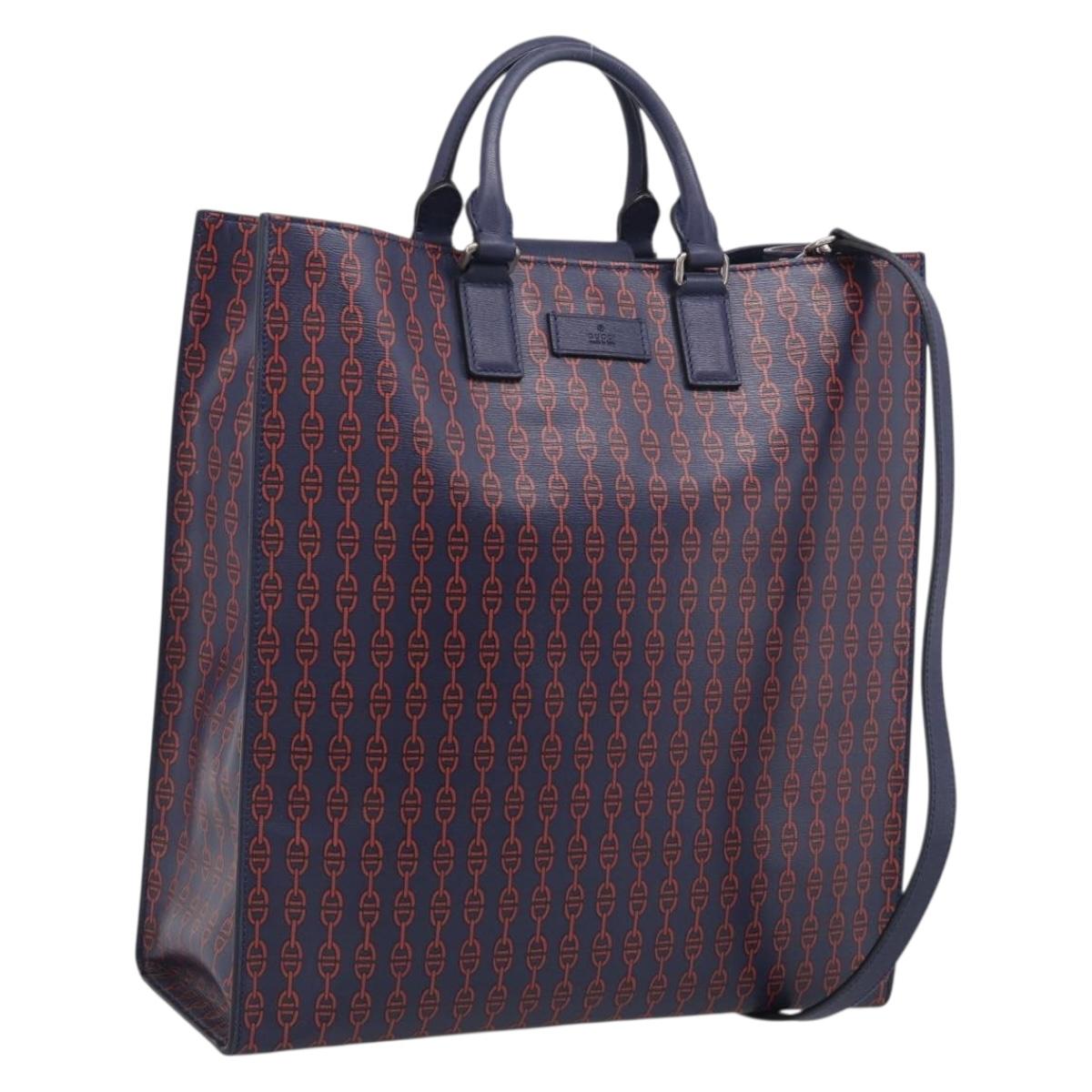 GUCCI Hand Bag Leather 2way Navy Silver Auth 210600M