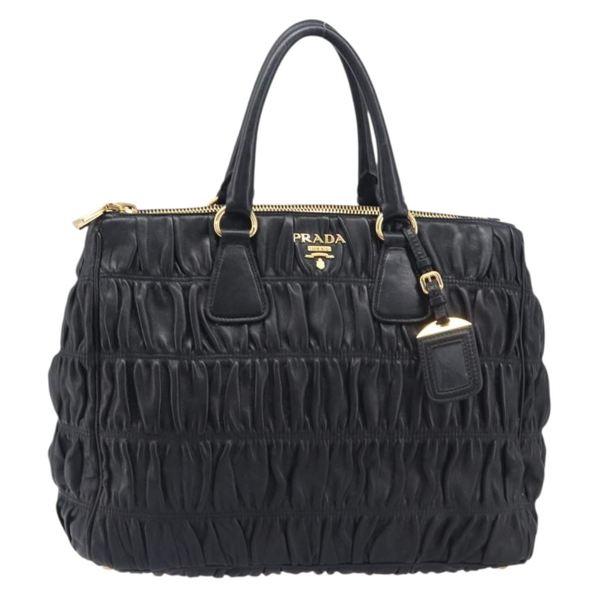 PRADA Gathered Hand Bag Leather Black Gold Auth 210740V