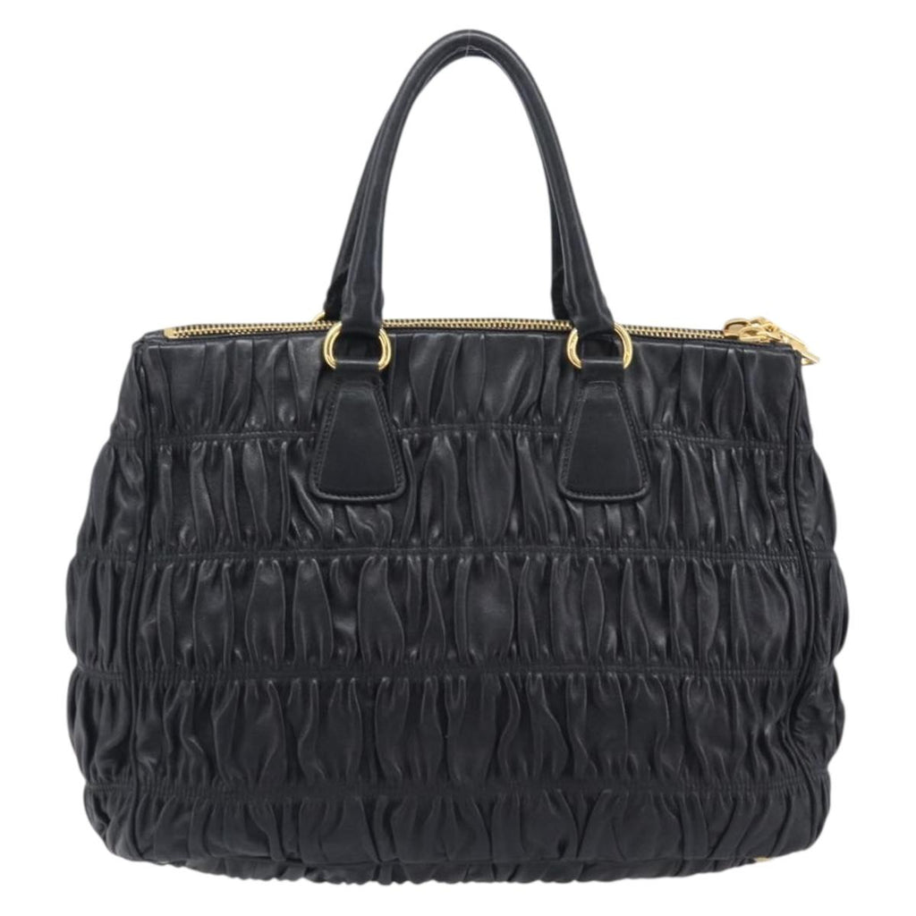 PRADA Gathered Hand Bag Leather Black Gold Auth 210740V