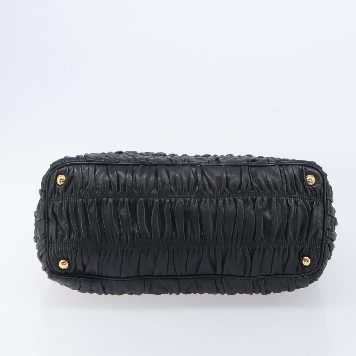PRADA Gathered Hand Bag Leather Black Gold Auth 210740V