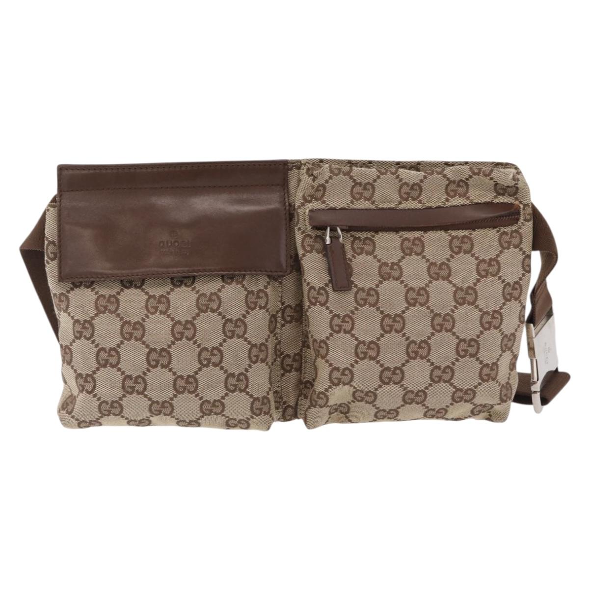 GUCCI GG Canvas Waist Bag Beige Silver 28566 Auth 211883