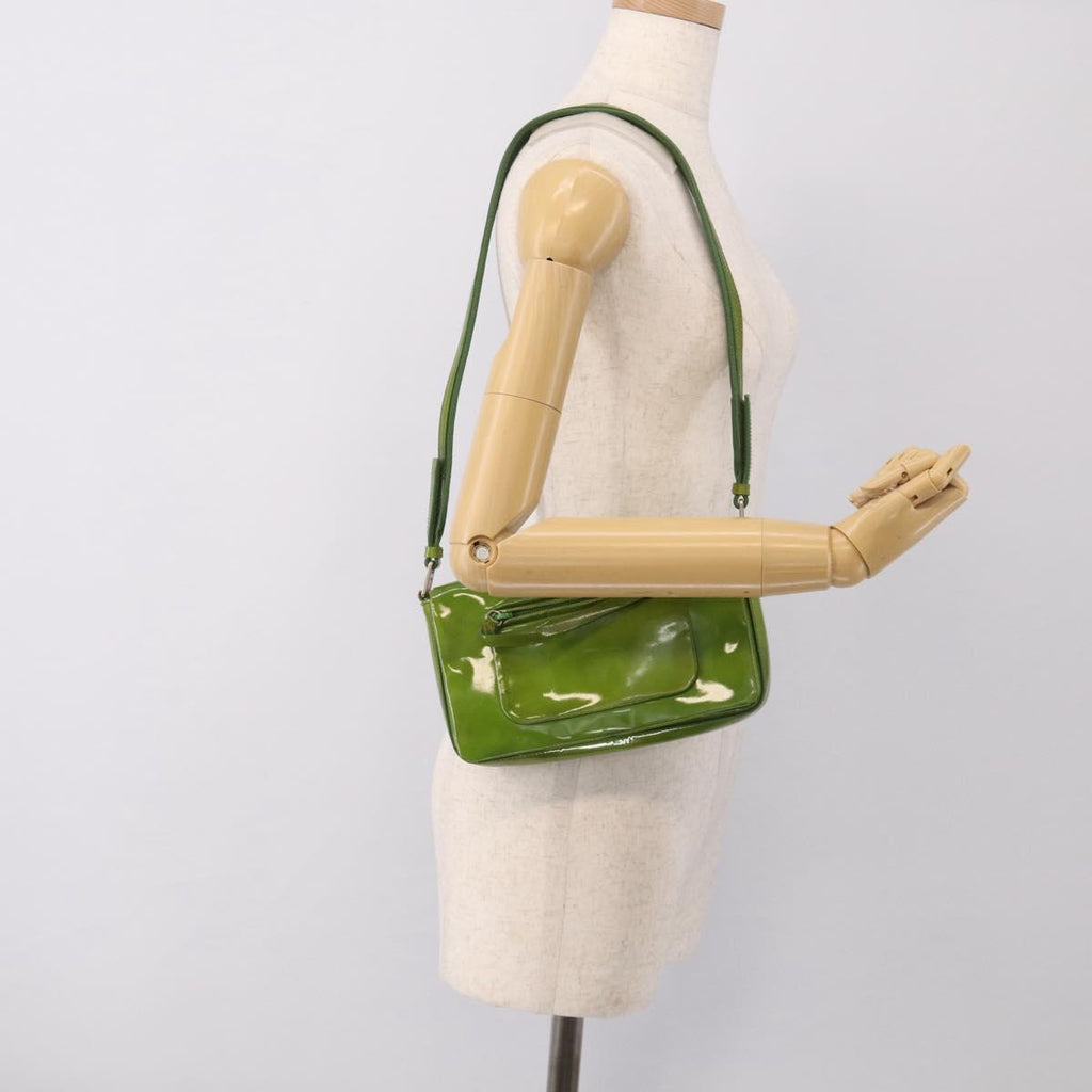 PRADA Shoulder Bag Patent leather Green Silver Auth 213055