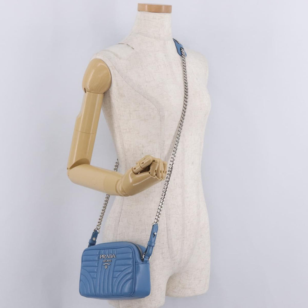 PRADA Chain Shoulder Bag Leather Light Blue Silver Auth 213060M