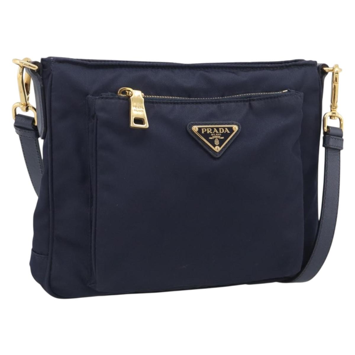 PRADA Shoulder Bag Nylon Navy Gold Auth 213147A