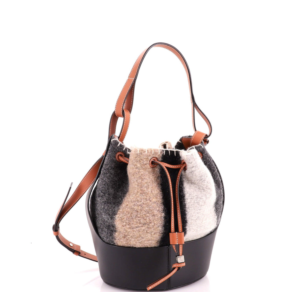 Balloon Bucket Bag Striped Felt with Leather Small