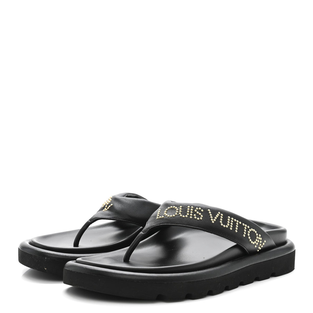 Calfskin Logo Studded Pillow Flat Thong Sandals 35 Black