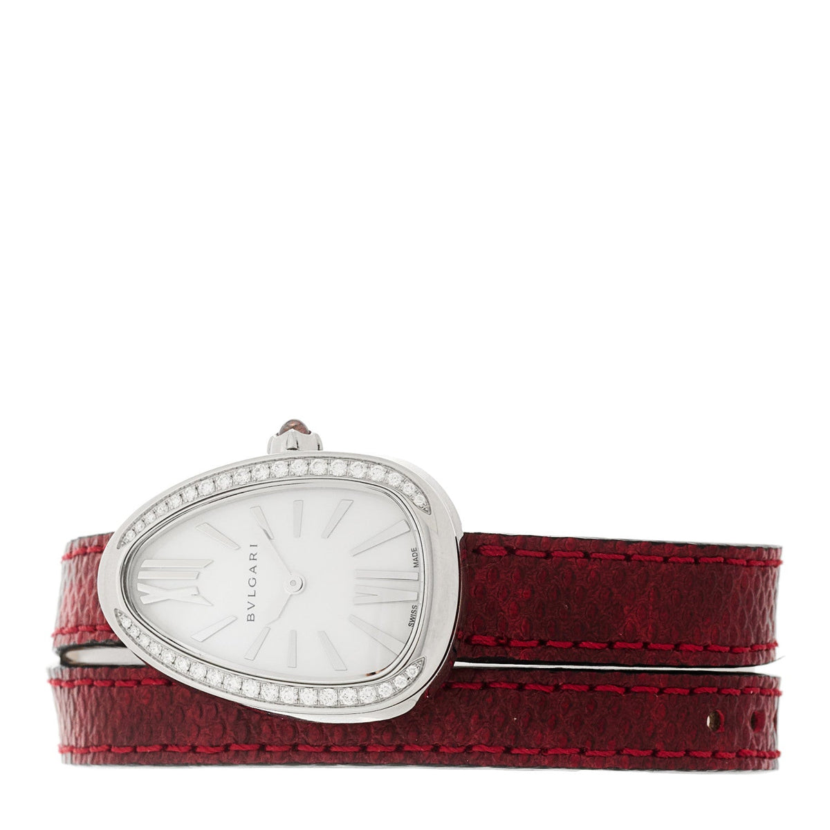 Stainless Steel Lizard Diamond Bezel Mother of Pearl 32mm Serpenti Double Wrap Quartz Watch