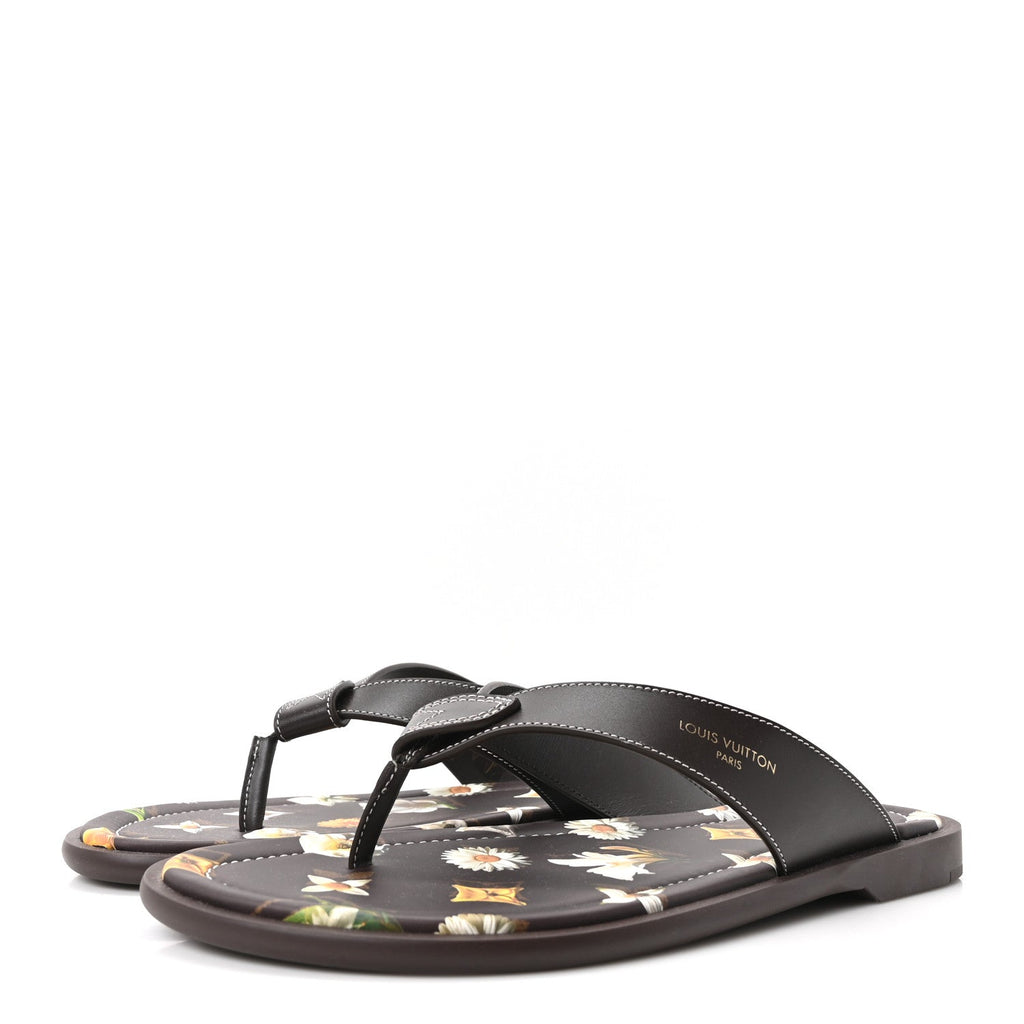 Supple Calfskin Blooming Monogram Mens LV Sunset Thong Sandals 8 Marron