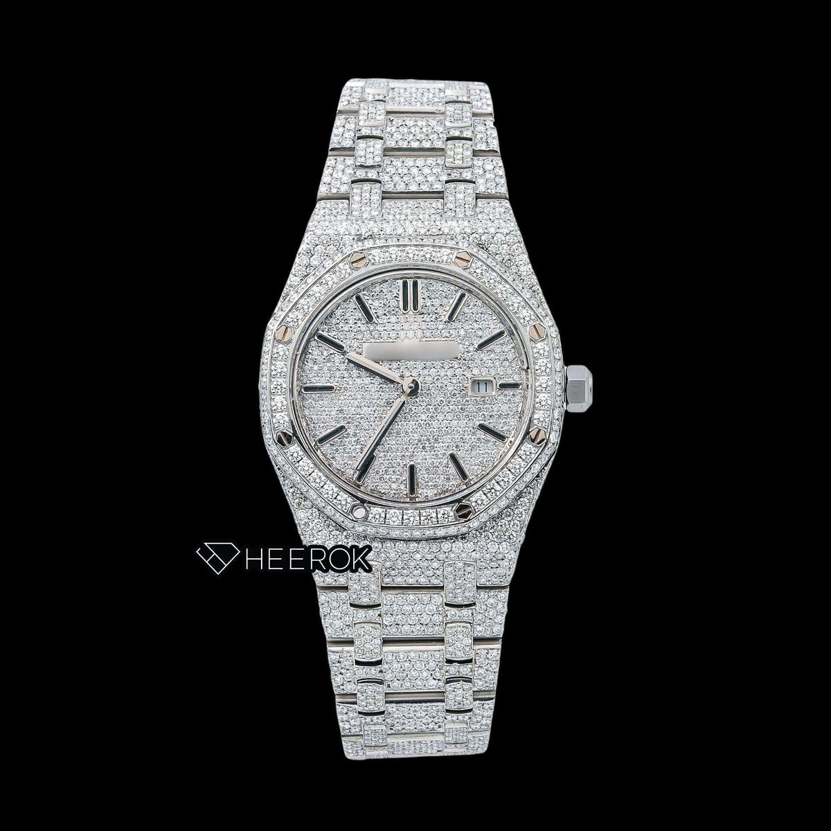 AP Royal Oak Full Pave Diamond Dial Black Stick Markers Diamond Bezel Fully Iced Out Moissanite Watch For Women